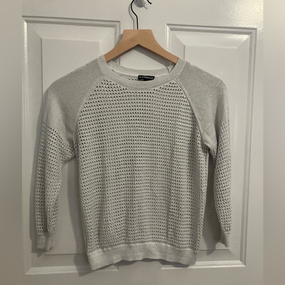 Express - silver metallic, sparkle mesh 
Open 3/4 sleeve sweater